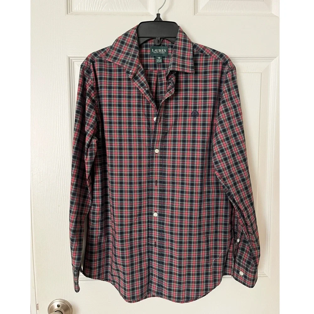 Lauren Ralph Lauren Boys L XL Button Down Shirt Red Black Plaid 14 16 NWOT
